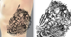 poseidon tattoo, ribs tattoo, greek myhtology tattoo by juno, tattoo sketch