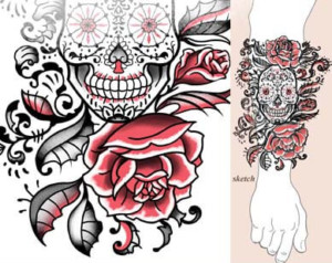sugar skull and roses tattoo, forearm tattoo, juno tattoo designs