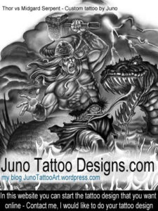 Thor vs Midgard Serpent tattoo, Norse mythology tattoo, Custom tattoo by Juno