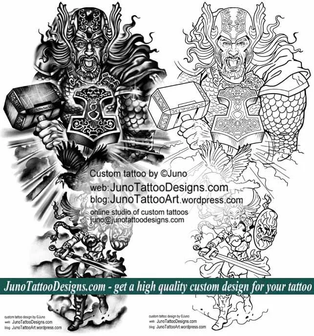 Epic tattoos, Norse Mythology tattoo, arm tattoo template, Thor tattoo, Mjölnir tattoo, hammer of Thor tattoo, Hugin tattoo , Odin crow tattoo, valkyrie tattoo, forearm tattoo, juno tattoo designs