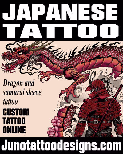 Tattoo design with Samurai and Japanese dragon