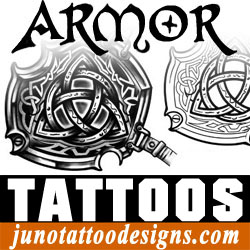 armor and celtic tattoos for male arm created by the tattoo artist Juno