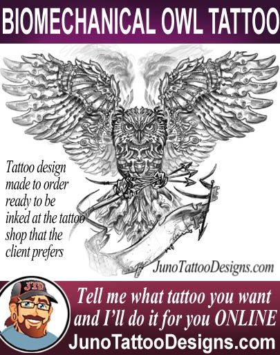 biomechanical owl tattoo, juno-tattoo-designs