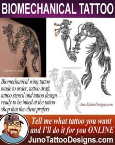 biomechanical wing tattoo, tattoo designer, junotattoodesigns