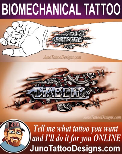 diabetic tattoo, steampunk tattoo, biomechanical tattoo, junotattoodesigns
