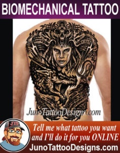 dragon tattoo, biomechanical tattoo, male back tattoo, junotattoodesigns