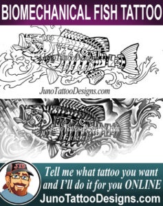 steampunk fish tattoo, biomechanical tattoo, junotattoodesigns