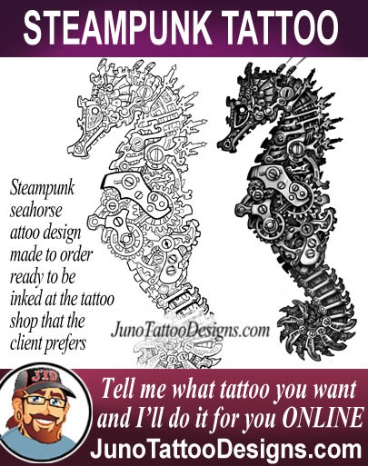steampunk tattoo, biomechanical sea horse tattoo, junotattoodesigns