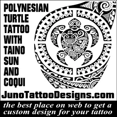 polynesian turtle tattoo with taino sun and coqui frog