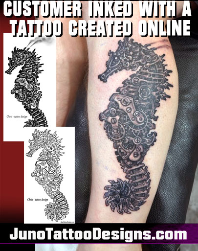 seahorse tattoo in steampunk biomechanic style created online