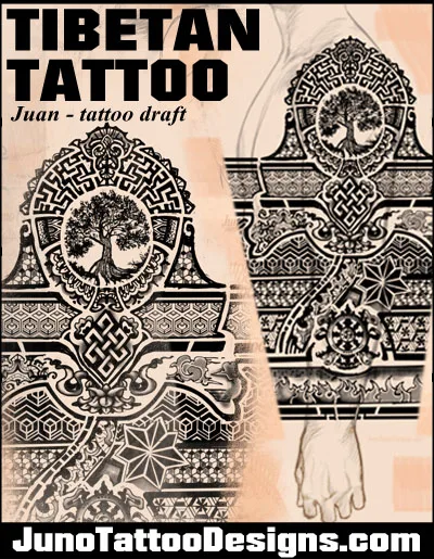 tibetan sleeve tattoo design with tree of life
