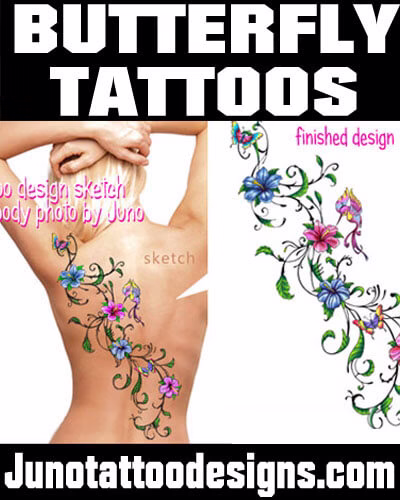 feminine tattoo with butterflies and flowers