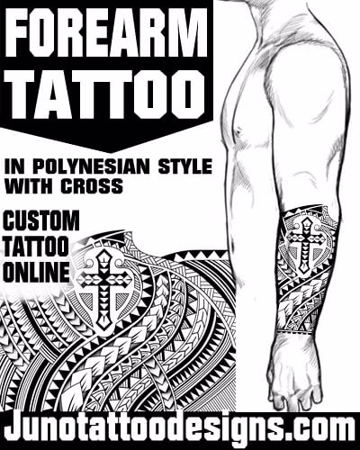forearm tattoo in Polynesian style with cross