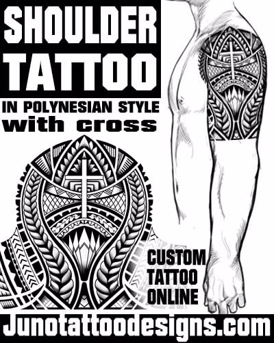 shoulder tattoo in polynesian style with cross