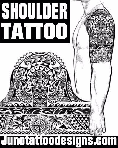 shoulder tattoo with tiki face and compass