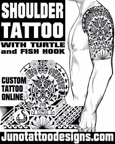 shoulder tattoo with turtle and fish hook