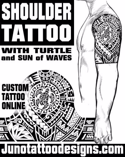 shoulder tattoo with turtle sun of waves
