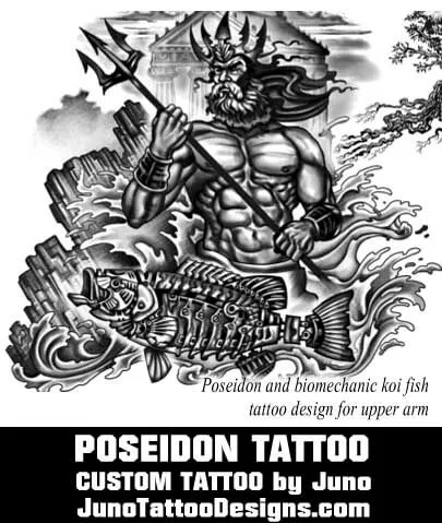 poseidon tattoo with biomechanic fish