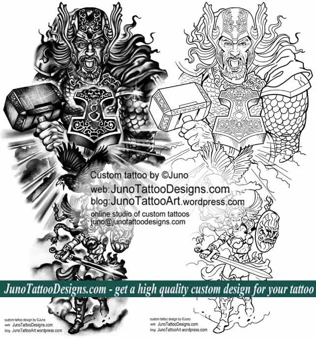 Epic tattoos, Norse Mythology tattoo, arm tattoo template, Thor tattoo, Mjölnir tattoo, hammer of Thor tattoo, Hugin tattoo , Odin crow tattoo, valkyrie tattoo, forearm tattoo, juno tattoo designs