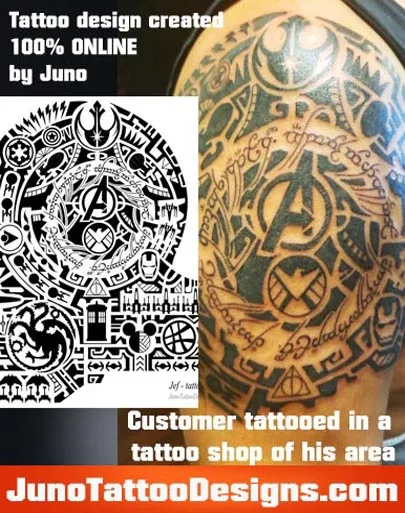 Shoulder tattoo with Star Wars, Avengers and other TV and movies logos