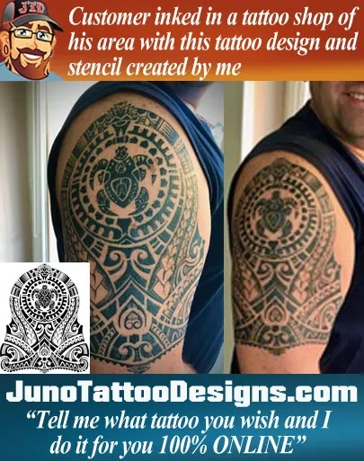 Photo of a customer inked with a Polynesian tattoo with Turtle