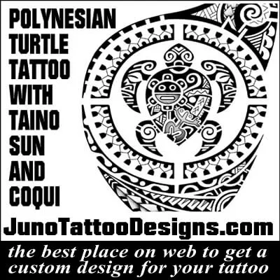 polynesian turtle tattoo with taino sun and coqui frog