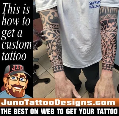 custom forearm tattoos in polynesian and aztec style by junotattoodesigns