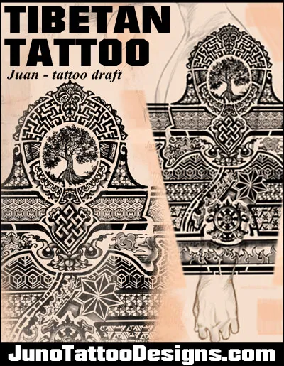 tibetan sleeve tattoo design with tree of life 